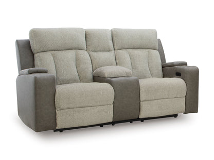 Stately Check Loveseat With Console With Headrest