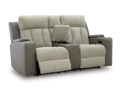 Stately Check Loveseat With Console With Headrest