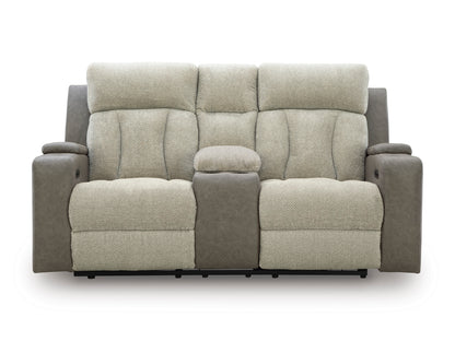 Stately Check Loveseat With Console With Headrest