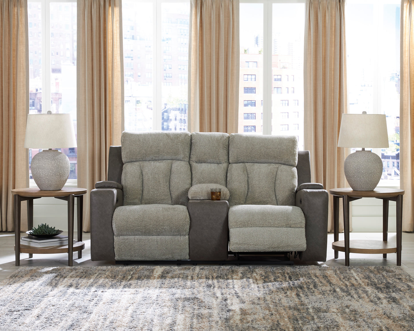 Stately Check Loveseat With Console With Headrest